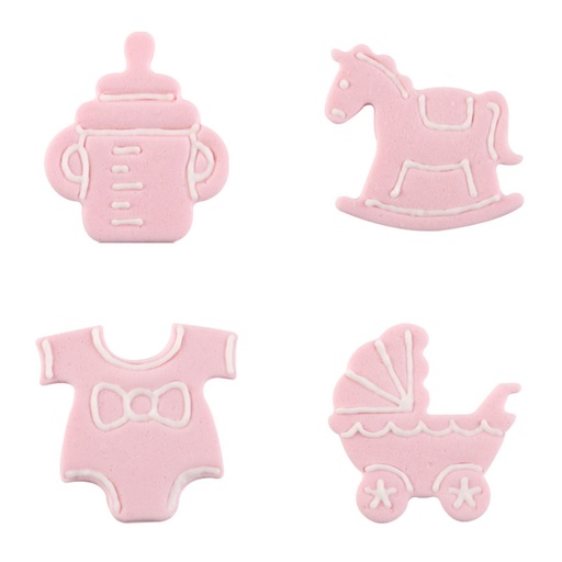 [08054522] 1026086 ASSORTMENT OF PINK SUGAR BIRTH DECORATIONS 40 PCES ***S/CD***