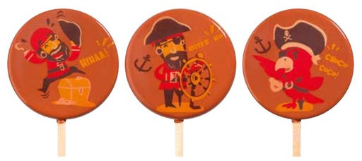 [08057693] PCB Blisters lolly's Capt'ain Choco & sticks 45empr.5designs ø5,5cm 9pces ***s/cd***