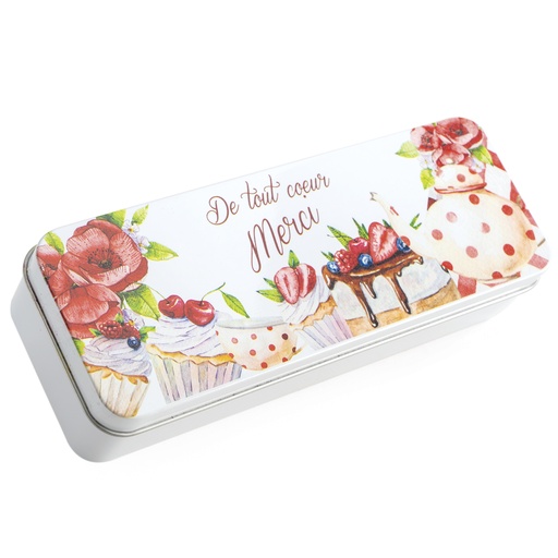 [61700503] METAL BOX PENCIL CUPCAKES "DE TOUT COEUR MERCI" 19X7XH4.2CM