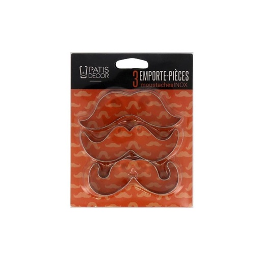 [08075713] STAINLESS STEEL COOKIE CUTTER 3 MUSTACHES 9CM/11CM X 2CM