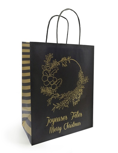 [41603127] BLACK KRAFT PAPER BAG "CROWN" JOYEUSES FÊTES 26X12X32CM 50 PCES