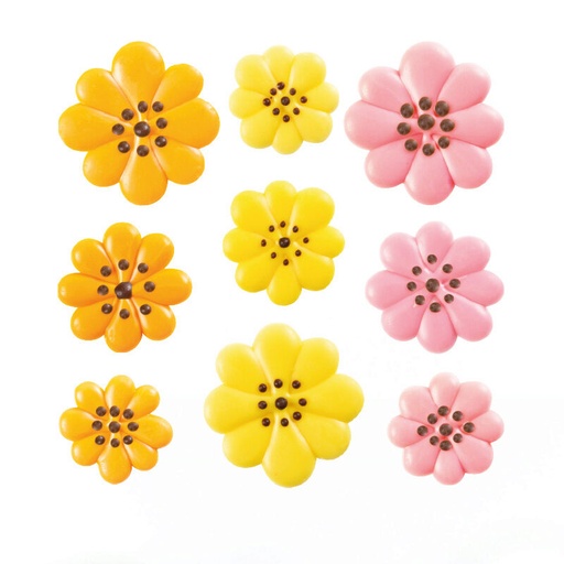 [08053997] 1034375 FLEURS ROSE/JAUNE/ORANGE Ø 25-30-35MM EN CHOCOLAT  162 PCES ***S/CDE***