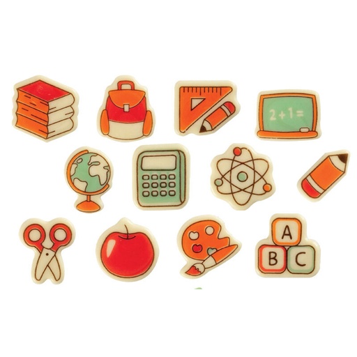 [08054319] + 2067104 ASSORTIMENT PLAQUETTE THÈME ÉCOLE CHOCOLAT BLANC 4CM 120 PCES