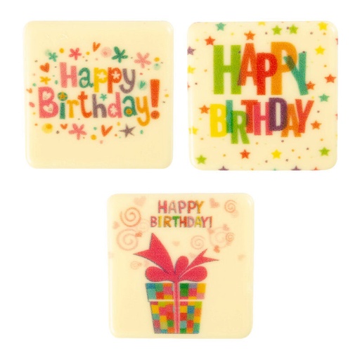 [08054326] 2067252 HAPPY BIRTHDAY COLORED PLATE WHITE CHOCOLATE SQUARE 48X48MM 75 PCES