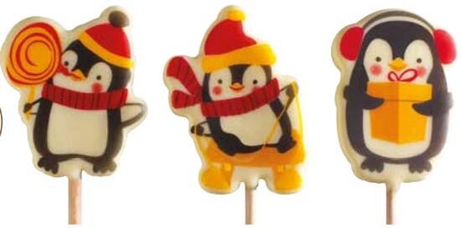 [60700702] 060176 PCB BLISTERS LOLLIPOPS “PENGUINS” AND STICKS 3 DESIGNS - H. 5 CM - ±15 G 5X9 PCES ***s/cd***