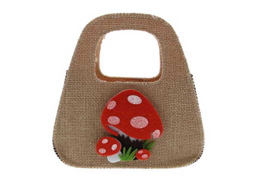 [61100068] *FF* CONICAL BASKET WITH JUTE HANDLES WITH MUSHROOM DECOR = PIECE