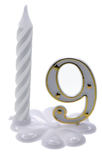 [70409053] CHIFFRES + SOCLE PLASTIQUE N°9 BLANC ET OR + BOUGIE PAQUET DE 10 PCES