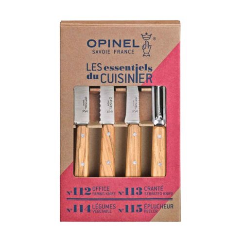 [54917660] OPINEL SET VAN 4 MESSEN OLIJFHOUT ESSENTIALSN°112/N°113/N°114/N°115 ROESTVRIJ STAAL/HOUT