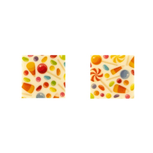 [08053873] 2052213 PLAQUETTE CARRE BONBONS COLORES 3CM CHOCOLATBLANC 220 PCES ***S/CDE***