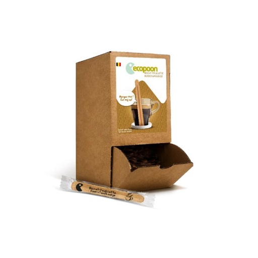 [10020101] ECOPOON DISPENSER MET 150 NATUREL KOEKJESROERDERS "OM VAN TE GENIETEN"*SCDE*