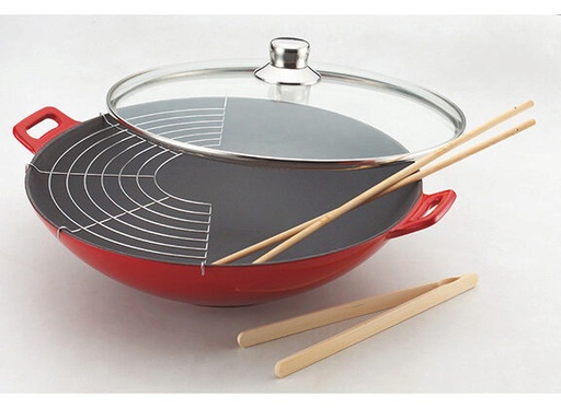 [60251719] BAUMALU 36CM RED CAST IRON WOK WITH GLASS LID **14/11**