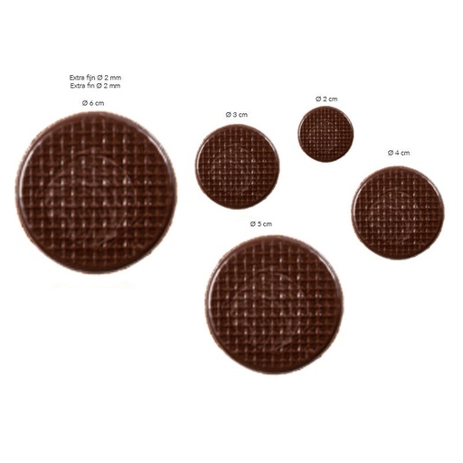 [08053890] 2034334 PLAQUETTE RONDE RELIEF ASS 2CM À 6CM CHOCOLAT NOIR  75 PCES ***S/CDE***