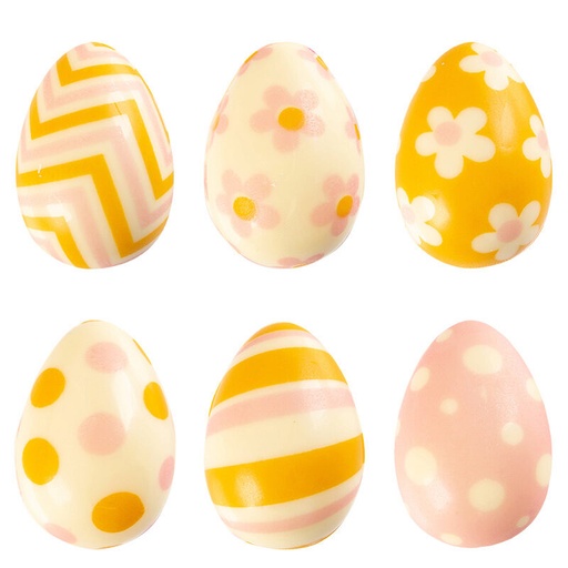 [08053916] 2069102 3D EGGS PINK/ORANGE PATTERNS 38X24MM 5 WHITE CHOCOLATE ASSORTMENT 96 PCES