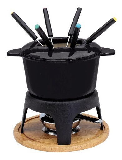 [57657829] BAUMALU BLACK CAST IRON FONDUE WITH WOODEN BOARD 17CM - 6P