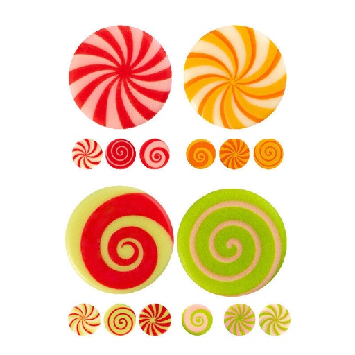 [08053877] 2052211 PLAQUETTE MOTIF SUCETTE SPIRALE COLORE 3CM 16 ASS CHOCOLAT  175 PCES ***S/CDE***