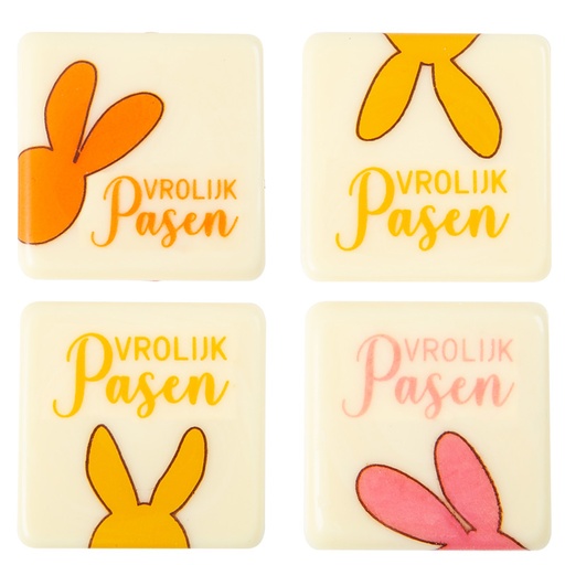 [08054593] 2069170 VROLIJK PASEN COLORED SQUARE PLATE 38MM CHOCOLATE 120 PCES ***S/CD***